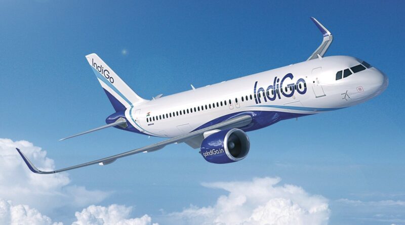 Indigo A320 against a blue sky